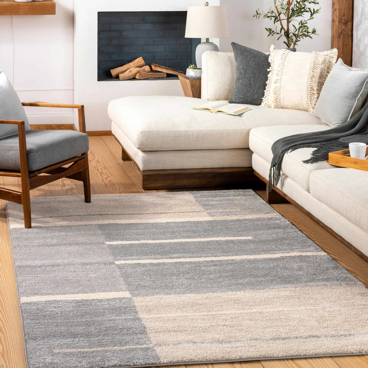 Glouster Taupe&Gray Lined Area Rug, installed in a room