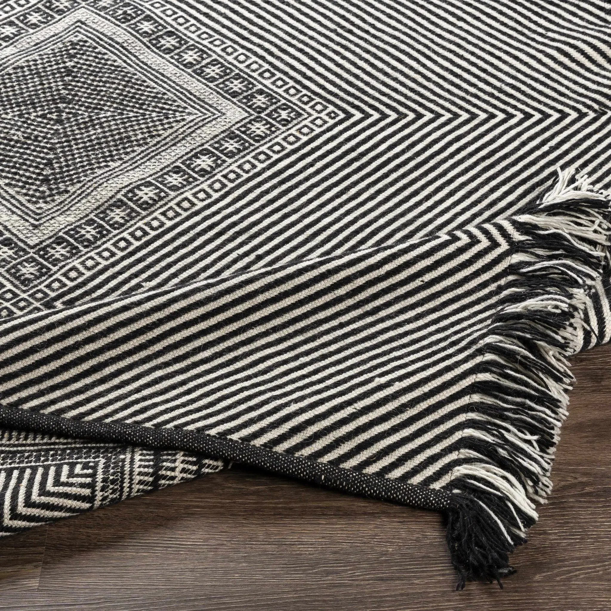 Eaglesham Black&White Flatweave Tassel Wool Rug - Clearance by Boutique Rugs