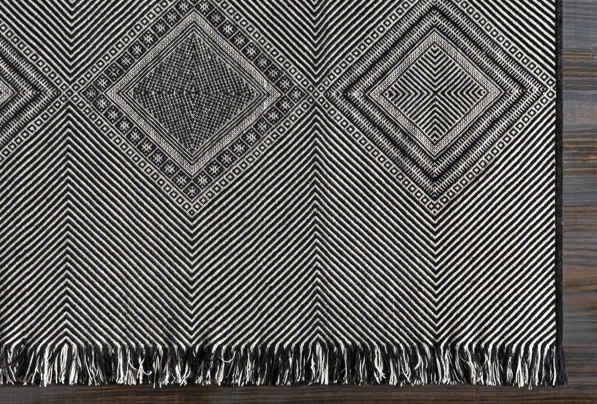 Eaglesham Black&White Flatweave Tassel Wool Rug - Clearance by Boutique Rugs