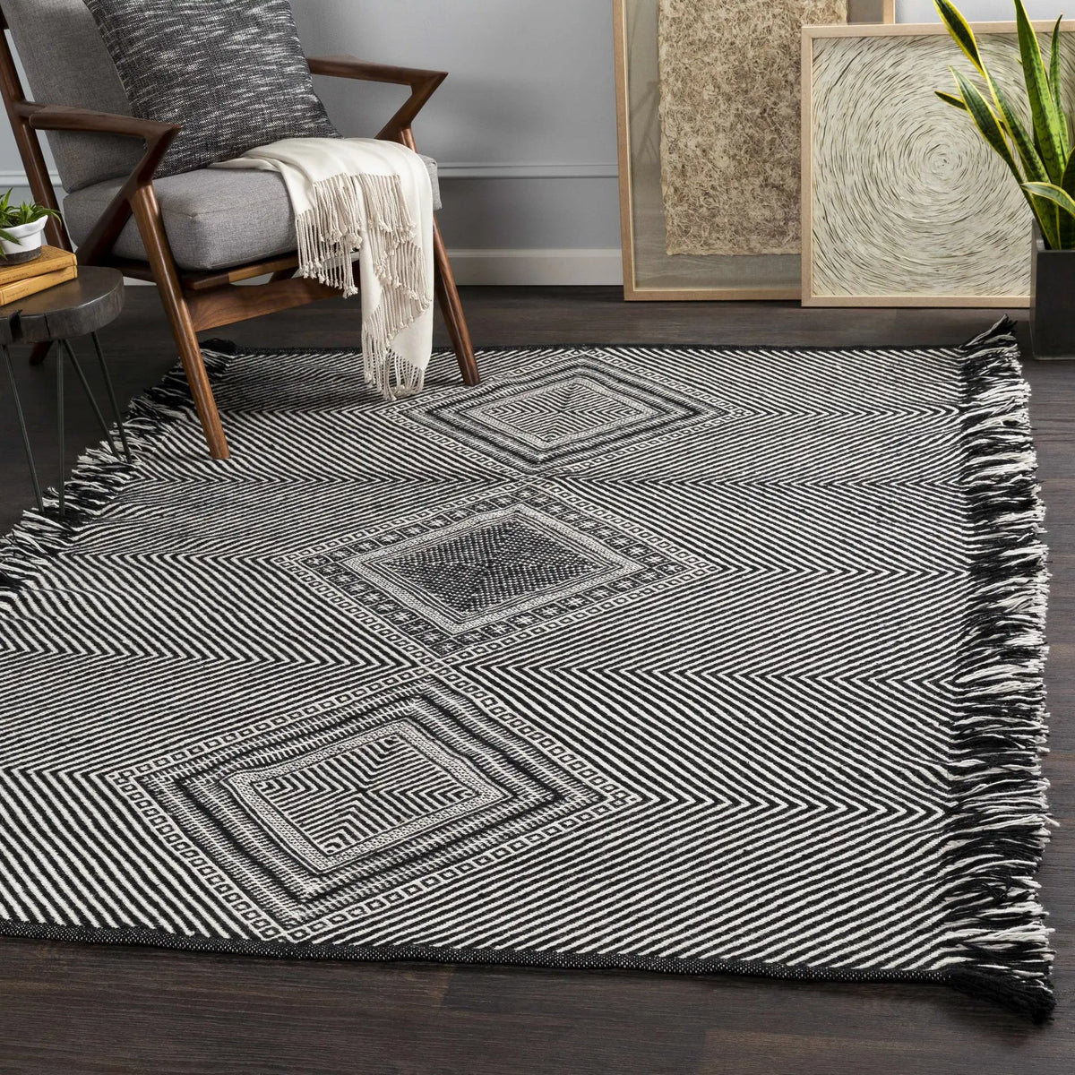 Eaglesham Black&White Flatweave Tassel Wool Rug - Clearance, installed in a room