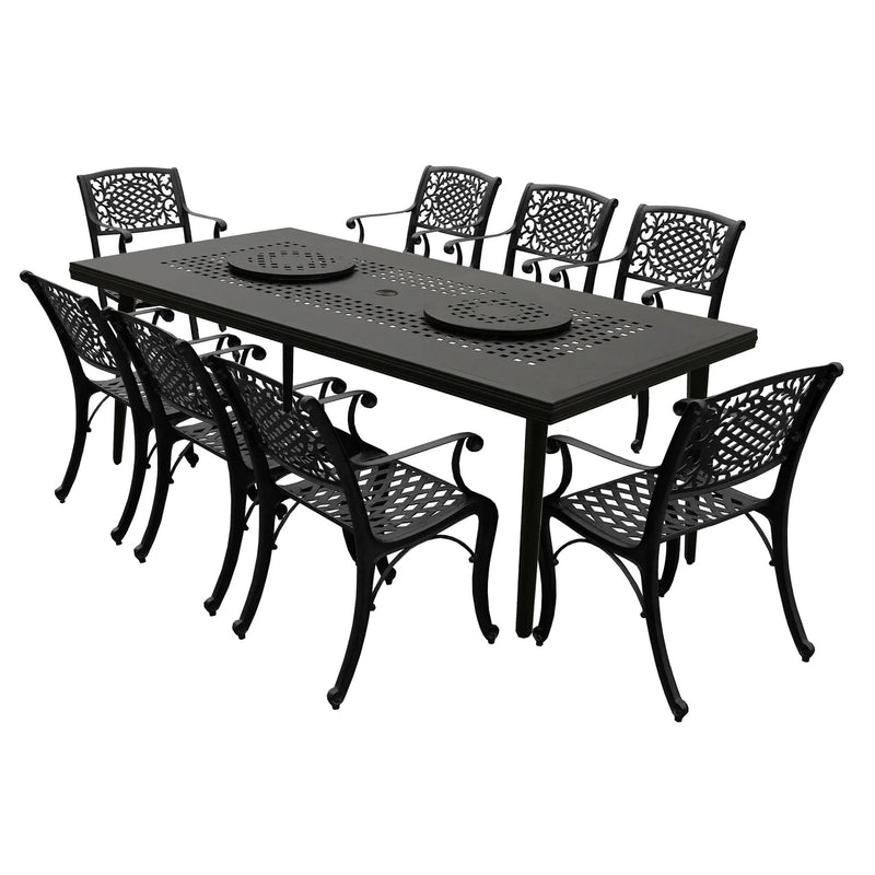 Aluminum 9pc Rectangular Patio Dining Set, Lazy Susans, Eight Chairs by Sharicks