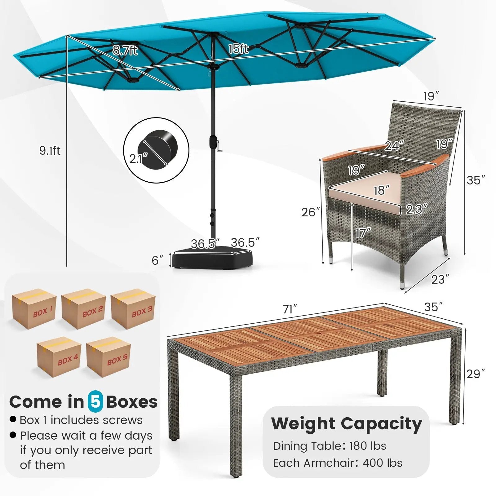 10 Pieces Patio Wicker Dining Set with 15 Feet Double-Sided Patio Umbrella by DirectDeals