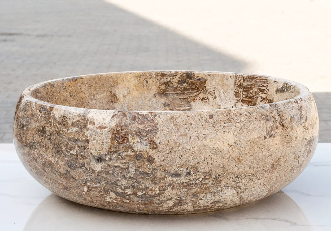 Turkish Travertine Vessel Sink Valencia Beige Filled and Polished Stone 16 Inch by GobekDesign