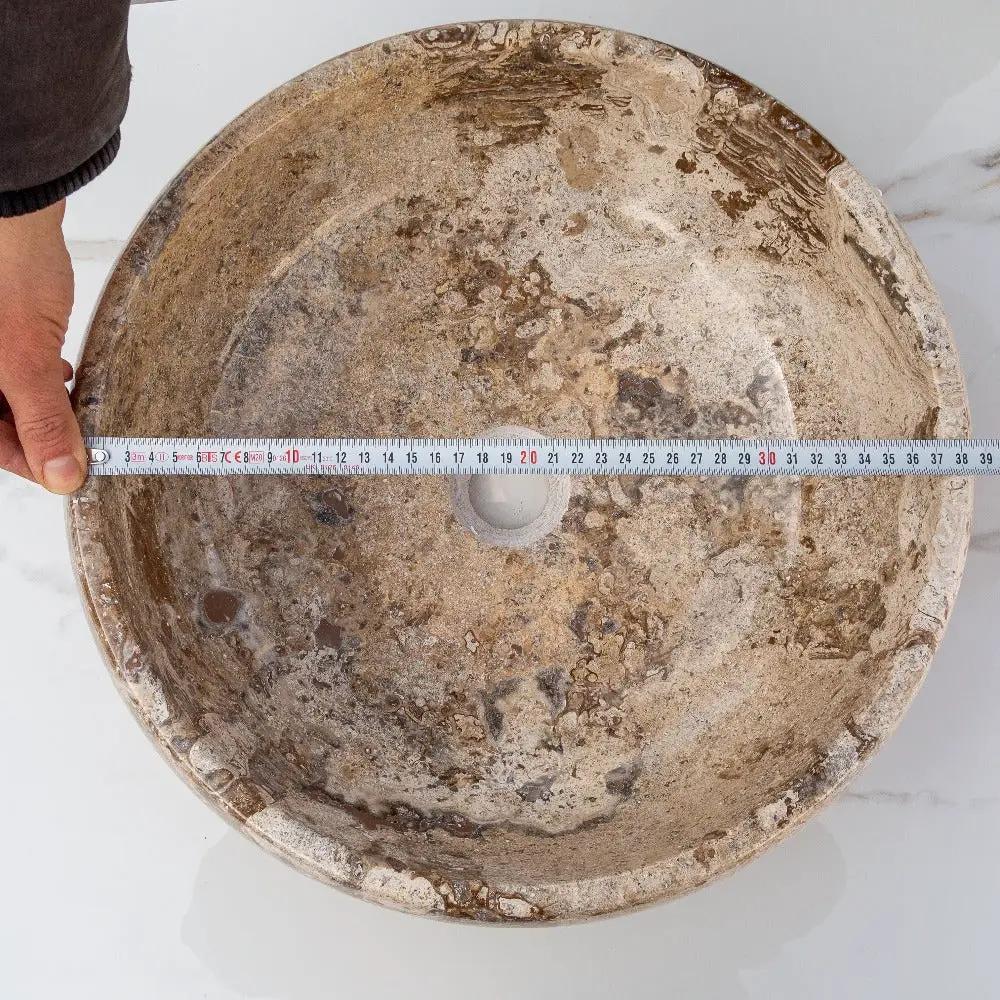 Turkish Travertine Vessel Sink Valencia Beige Filled and Polished Stone 16 Inch by GobekDesign