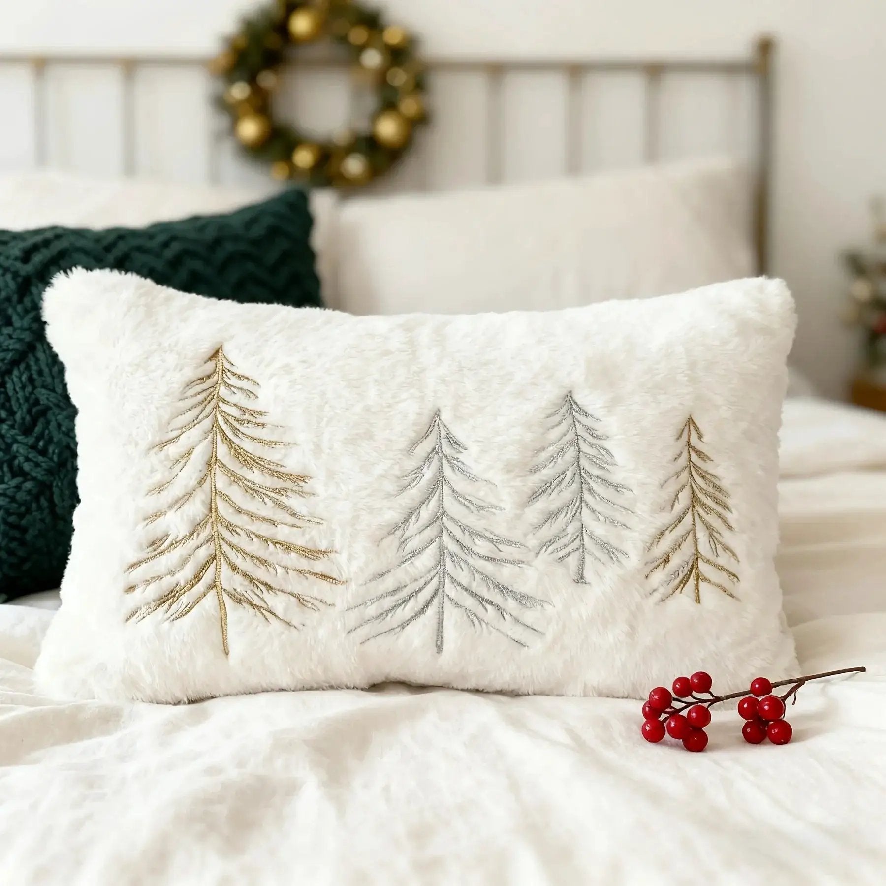 Gold Embroidered Christmas Tree Pillow Cover - Luxury Velvet Decorative Pillowcase by House Of Avana
