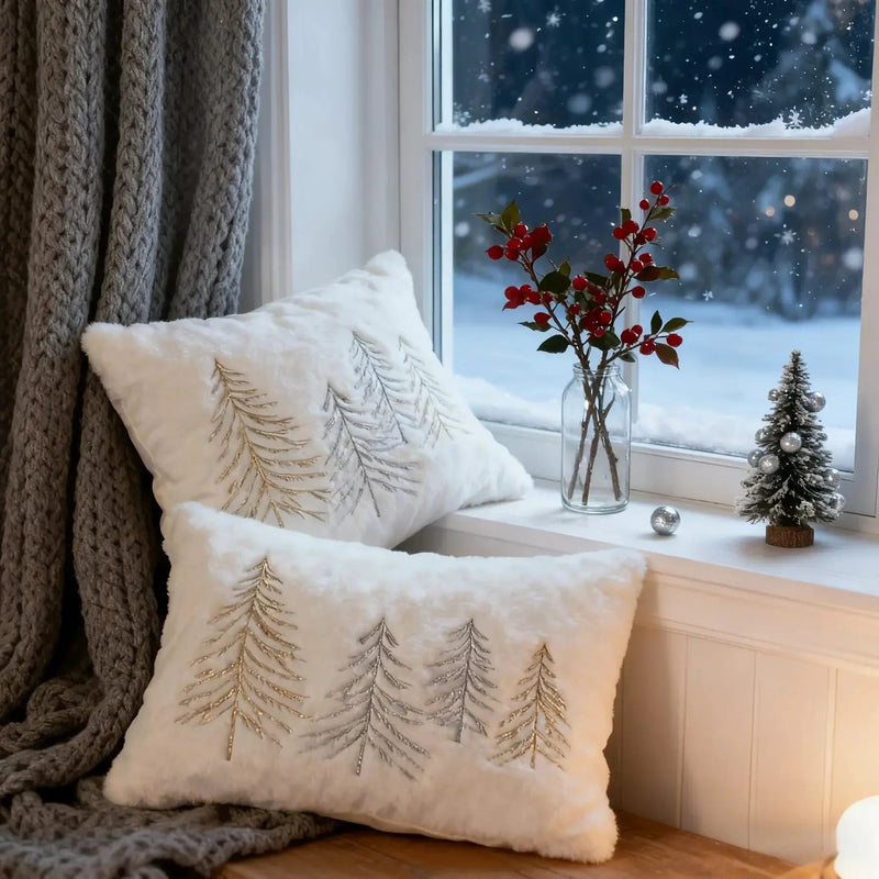 Gold Embroidered Christmas Tree Pillow Cover - Luxury Velvet Decorative Pillowcase by House Of Avana