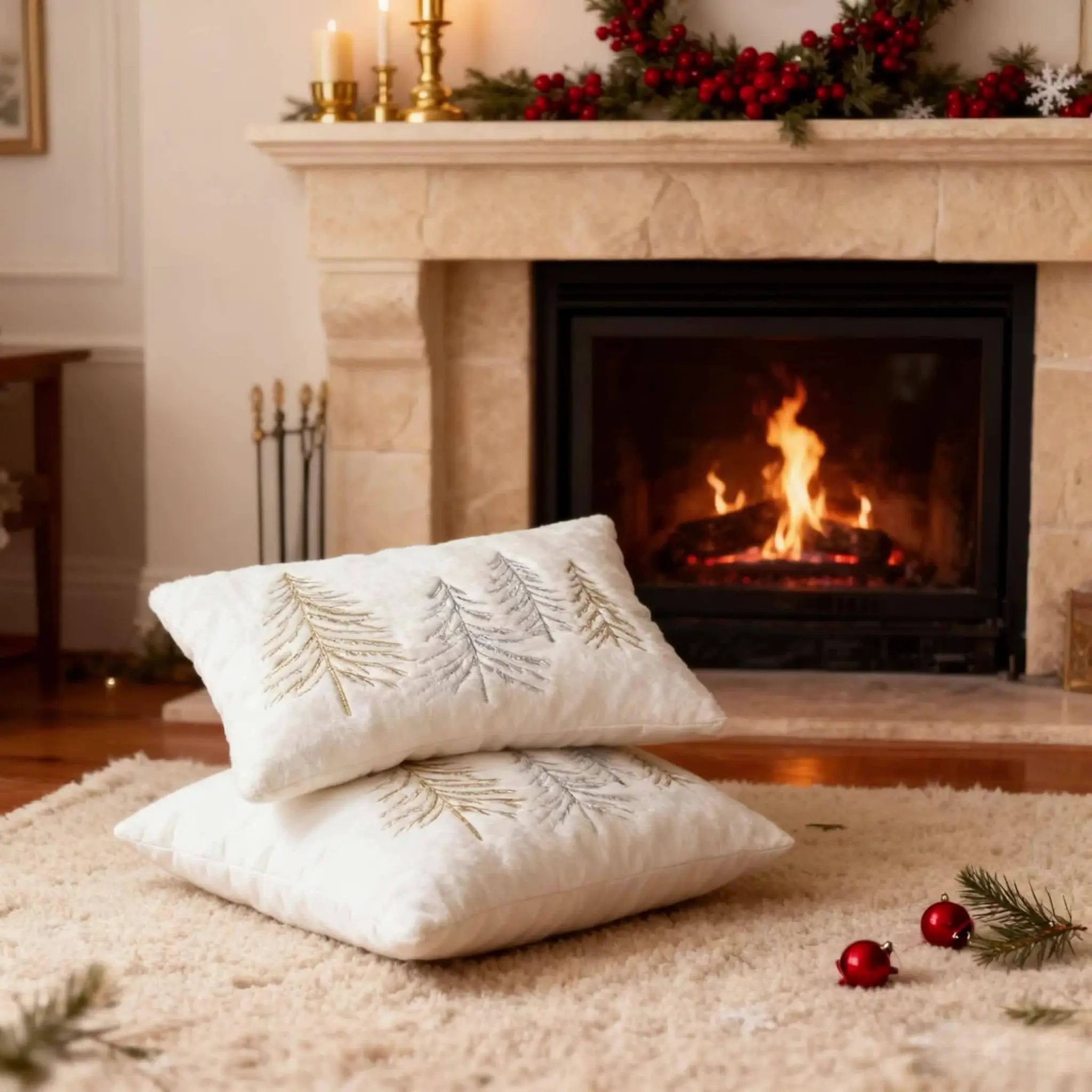 Gold Embroidered Christmas Tree Pillow Cover - Luxury Velvet Decorative Pillowcase by House Of Avana