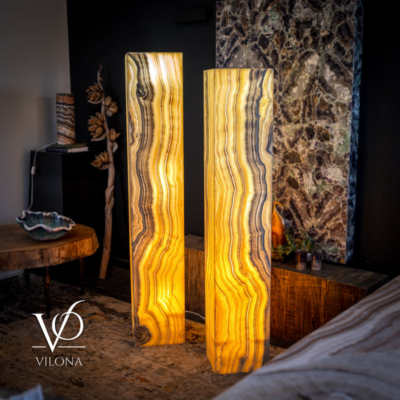Golden Cloud Onyx Floor Lamp - Pair - Large - 63-67"H x 12-12"W - Square, photo 3 of 14
