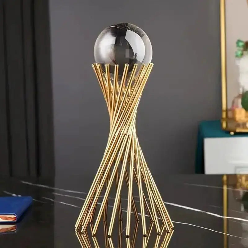 Geometric Crystal Ball Statue with Gold Twisted Rods for Your Desk by House Of Avana