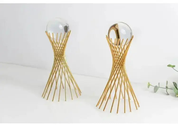 Geometric Crystal Ball Statue with Gold Twisted Rods for Your Desk by House Of Avana