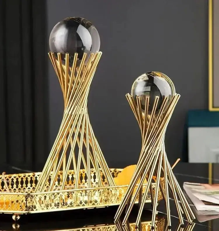 Geometric Crystal Ball Statue with Gold Twisted Rods for Your Desk by House Of Avana