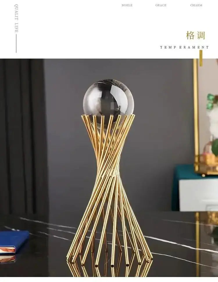 Geometric Crystal Ball Statue with Gold Twisted Rods for Your Desk by House Of Avana