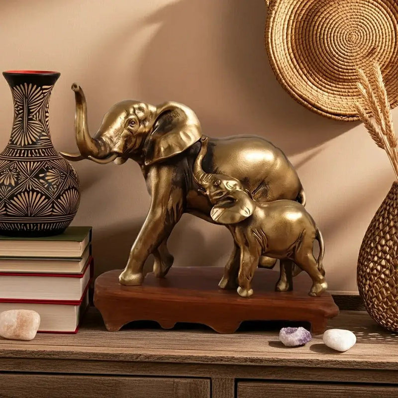 Golden Elephant Mother and Baby Family Figurine Sculpture by House Of Avana