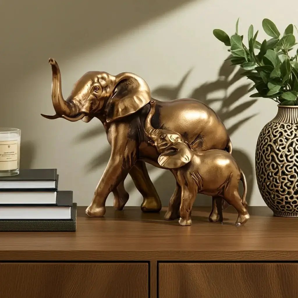 Golden Elephant Mother and Baby Family Figurine Sculpture by House Of Avana