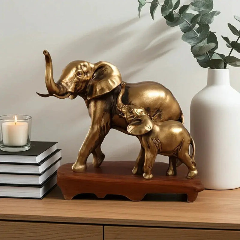 Golden Elephant Mother and Baby Family Figurine Sculpture by House Of Avana