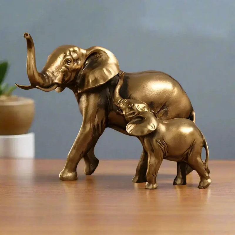 Golden Elephant Mother and Baby Family Figurine Sculpture by House Of Avana