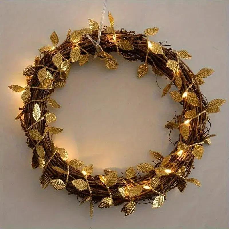 Golden Fairy Lights Garland Battery Operated with Leaves by House Of Avana