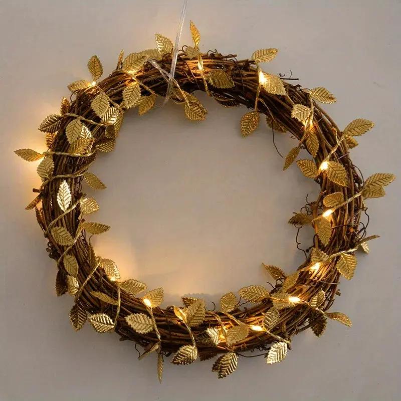 Golden Fairy Lights Garland Battery Operated with Leaves by House Of Avana