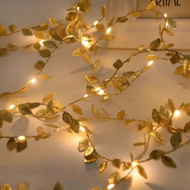 Golden Fairy Lights Garland Battery Operated with Leaves by House Of Avana