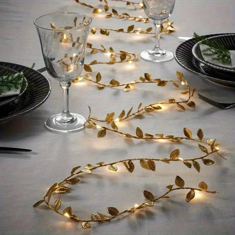 Golden Fairy Lights Garland Battery Operated with Leaves by House Of Avana