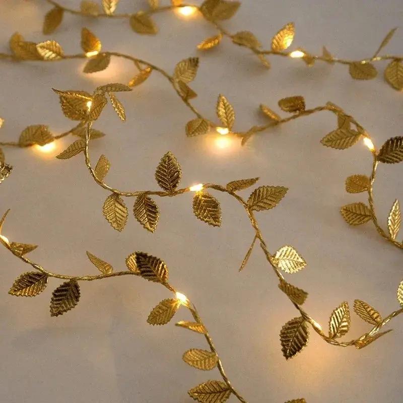 Golden Fairy Lights Garland Battery Operated with Leaves by House Of Avana