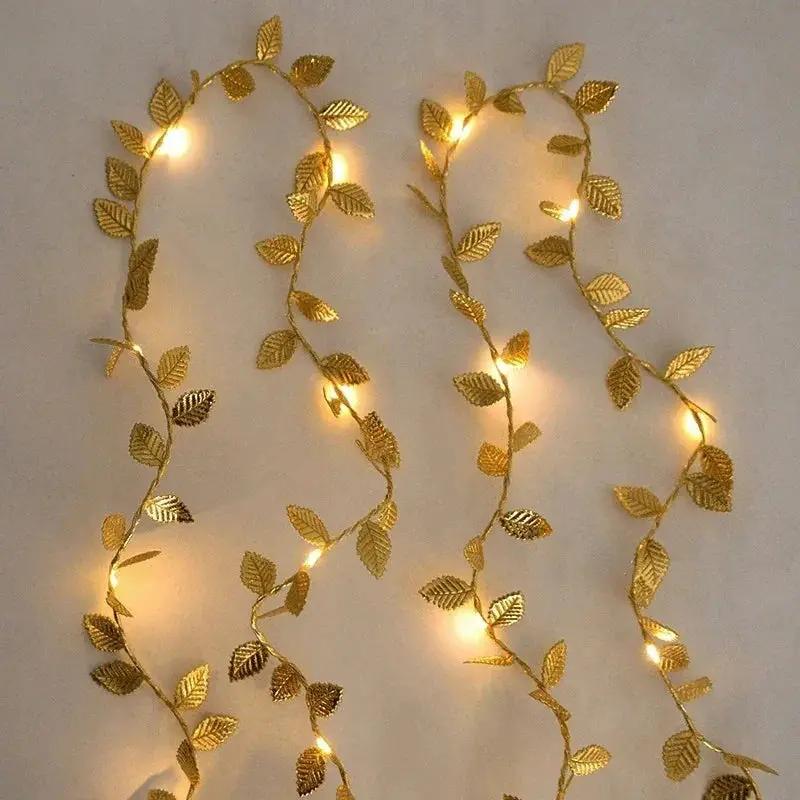 Golden Fairy Lights Garland Battery Operated with Leaves by House Of Avana