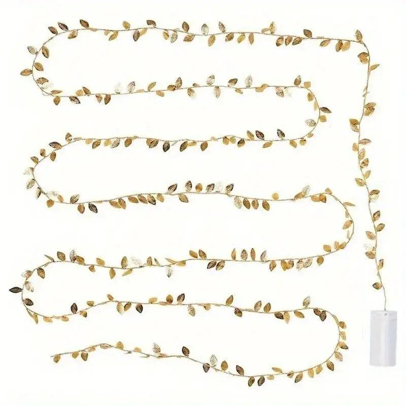 Golden Fairy Lights Garland Battery Operated with Leaves by House Of Avana
