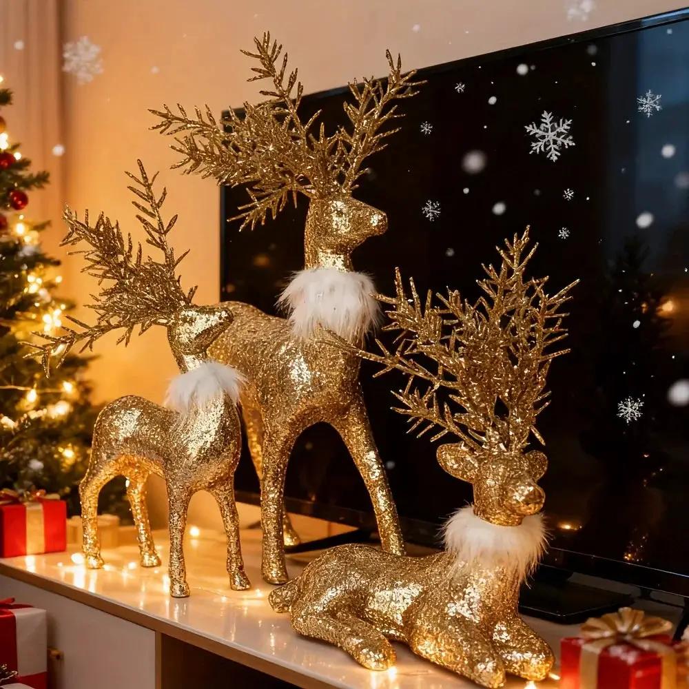 Golden Reindeer Statue Set of 3 with Christmas Theme by House Of Avana