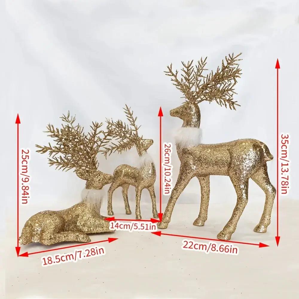 Golden Reindeer Statue Set of 3 with Christmas Theme by House Of Avana