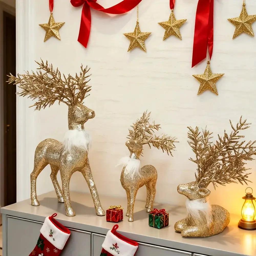 Golden Reindeer Statue Set of 3 with Christmas Theme by House Of Avana
