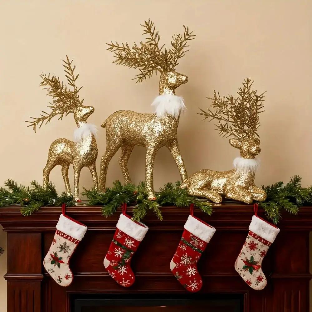 Golden Reindeer Statue Set of 3 with Christmas Theme by House Of Avana
