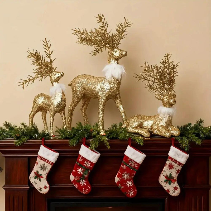 Golden Reindeer Statue Set of 3 with Christmas Theme by House Of Avana