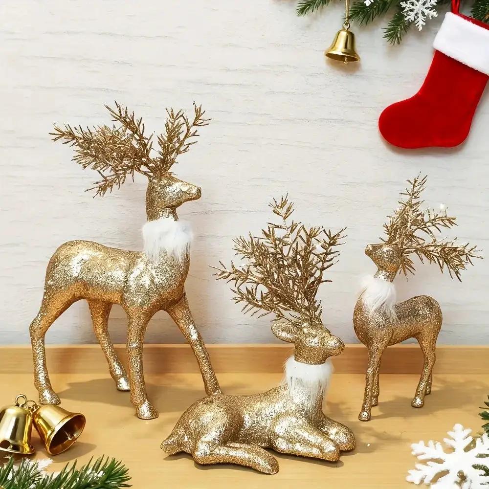 Golden Reindeer Statue Set of 3 with Christmas Theme by House Of Avana