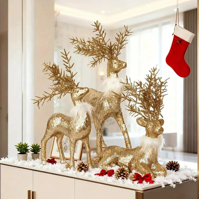 Golden Reindeer Statue Set of 3 with Christmas Theme by House Of Avana