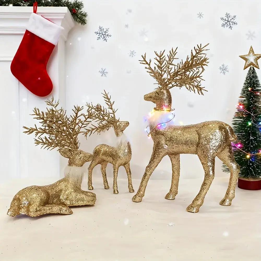 Golden Reindeer Statue Set of 3 with Christmas Theme by House Of Avana