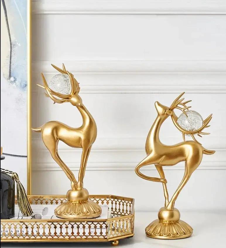 Golden Deer Figurine Set with Crystal Floral Accents by House Of Avana