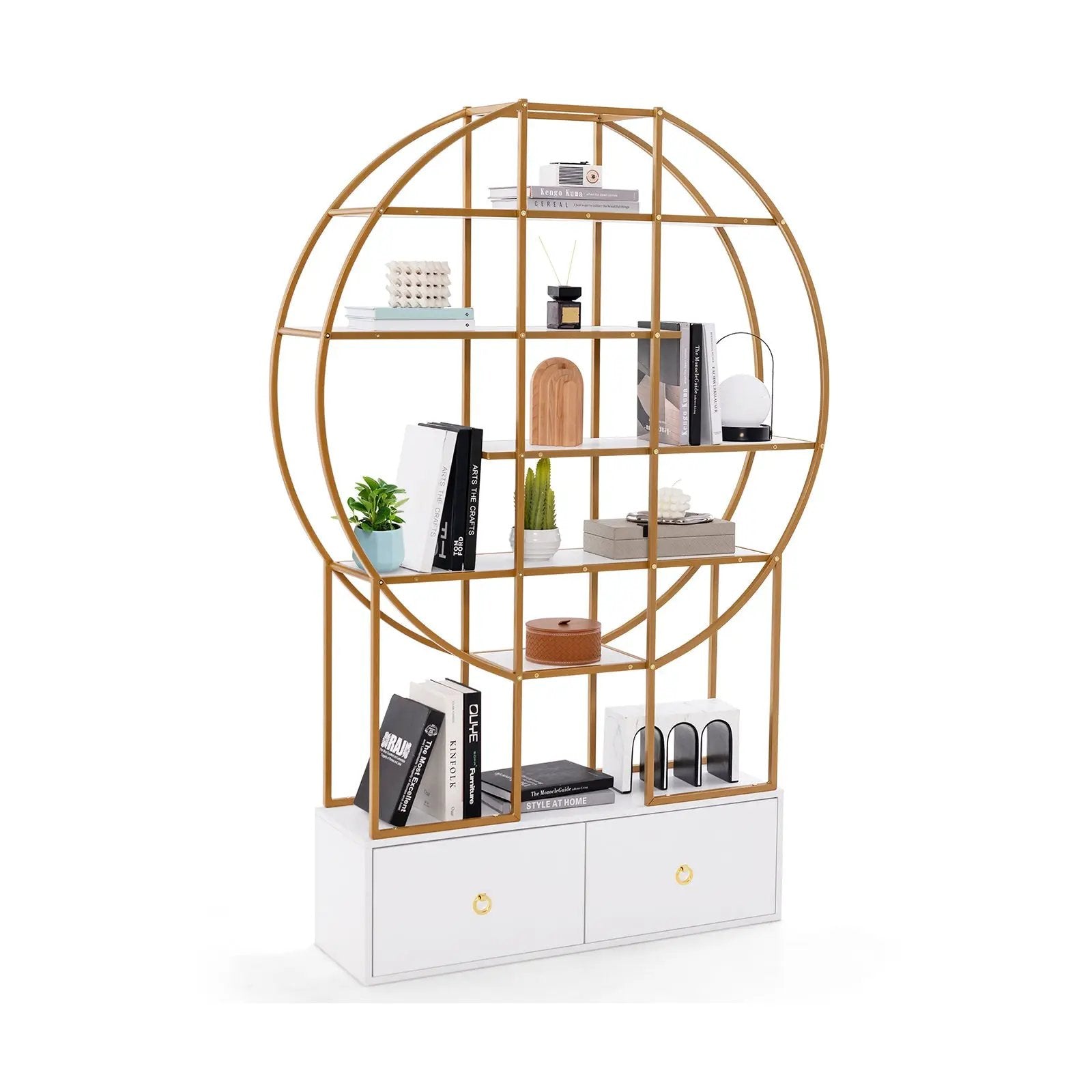 71 Inches 6-Tier Gold Bookshelf with 2 Storage Drawers-Golden by DirectDeals