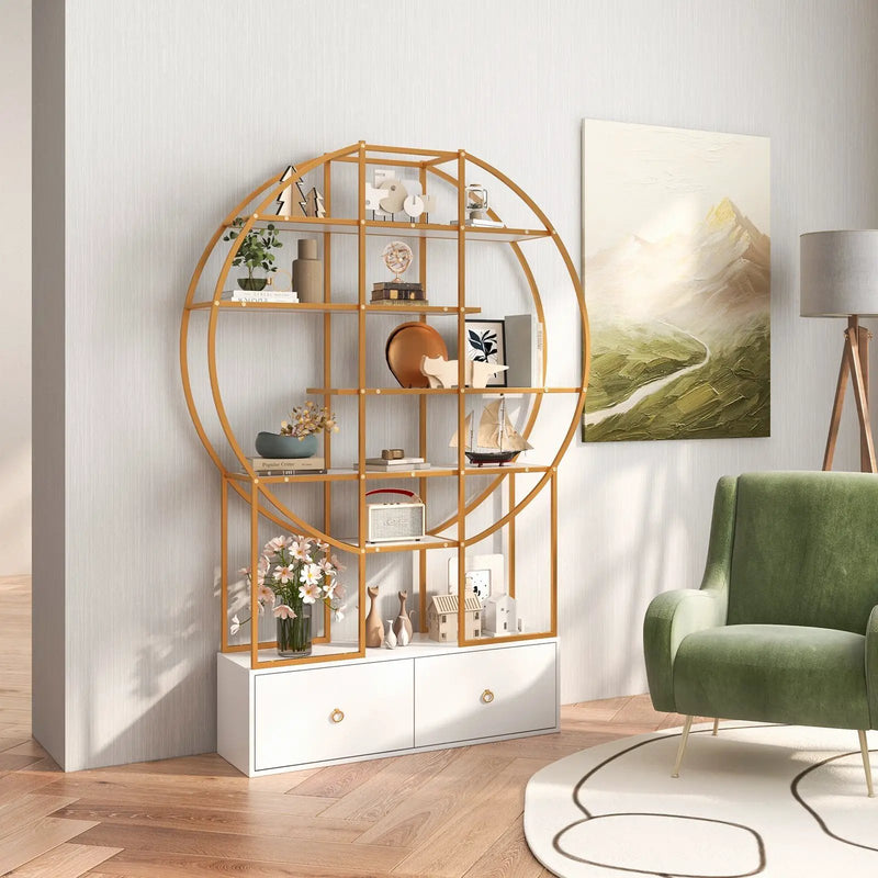 71 Inches 6-Tier Gold Bookshelf with 2 Storage Drawers-Golden by DirectDeals