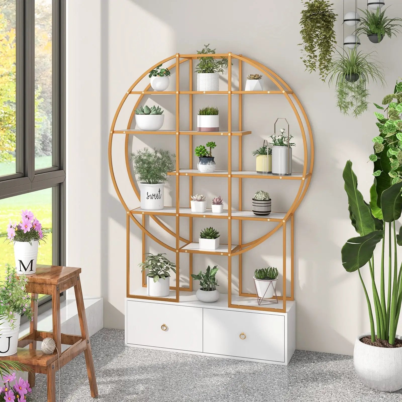 71 Inches 6-Tier Gold Bookshelf with 2 Storage Drawers-Golden by DirectDeals