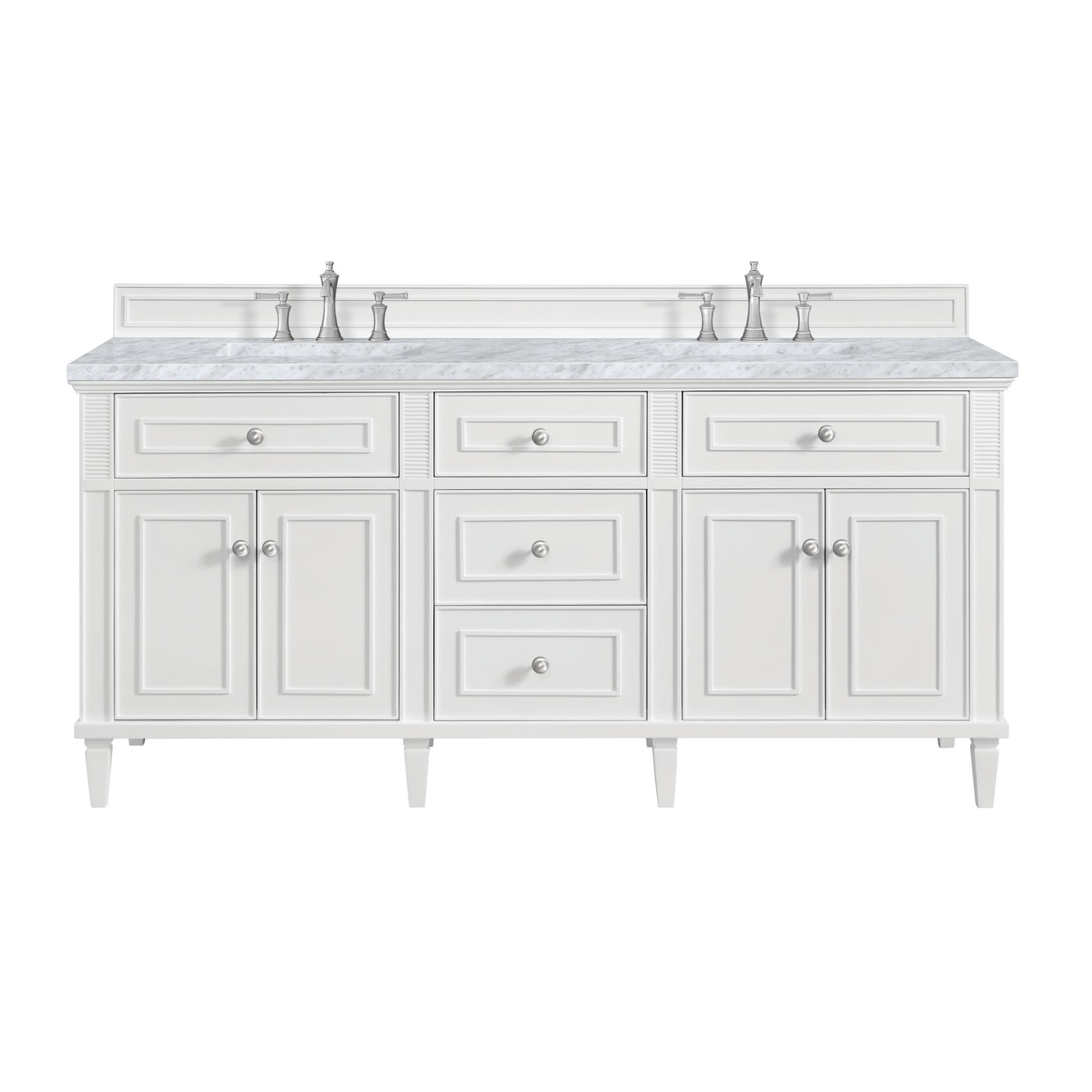 James Martin Lorelai 72" Double Bathroom Vanity, Bright White with Carrara White countertop