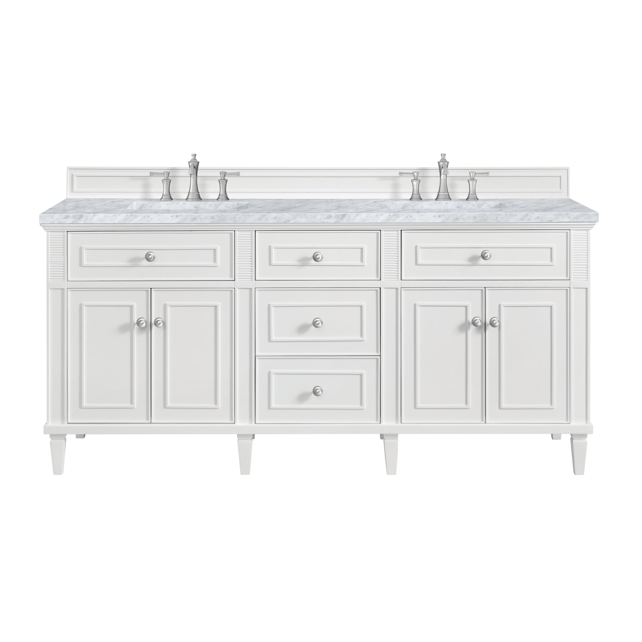 James Martin Lorelai 72" Double Bathroom Vanity, Bright White with Carrara White countertop