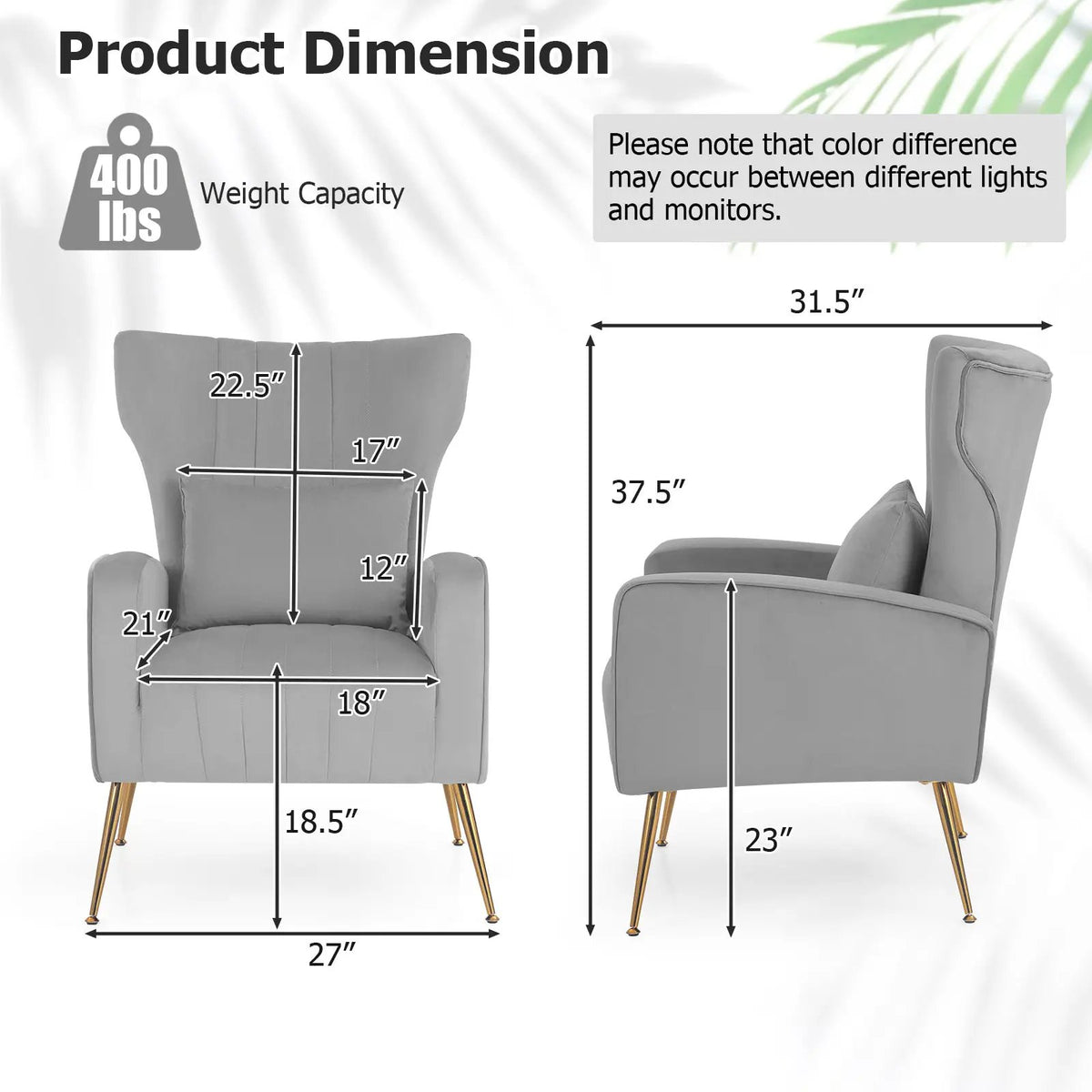 Velvet Upholstered Wingback Chair with Lumbar Pillow and Golden Metal Legs, photo 19 of 32