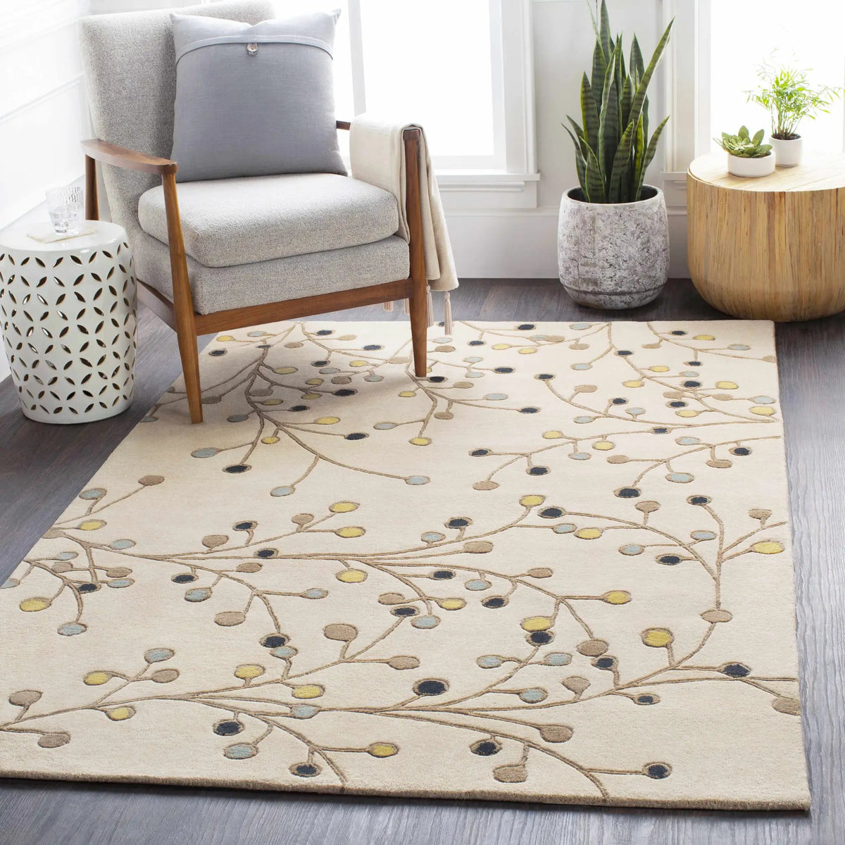 Beige Elsu Wool Rug, installed in a room