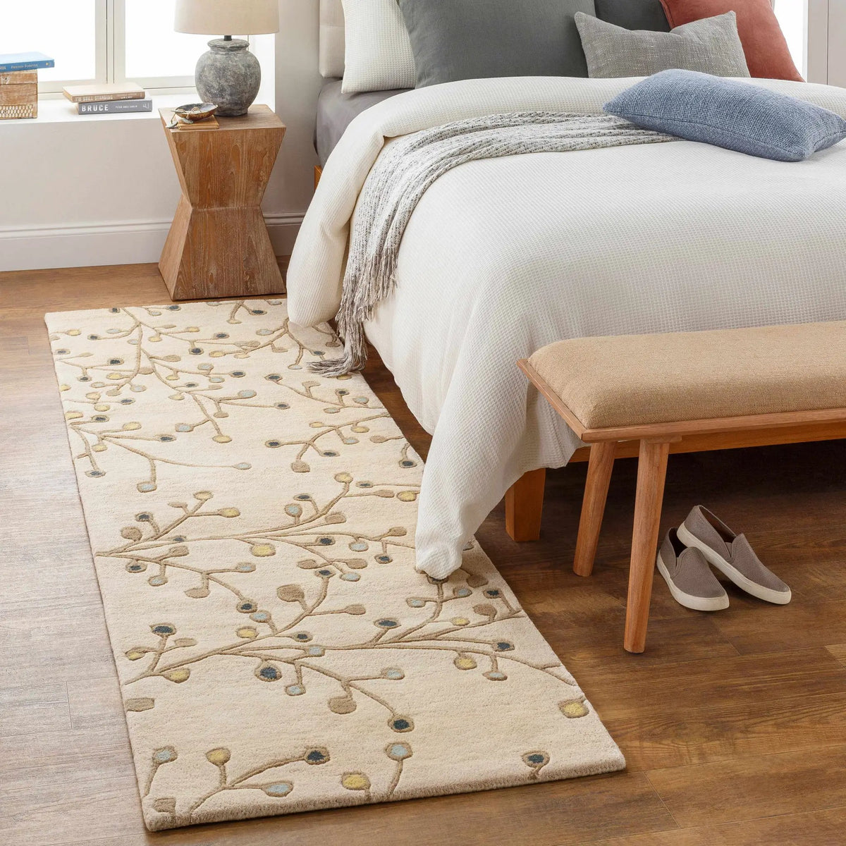 Beige Elsu Wool Rug, installed in a room 2
