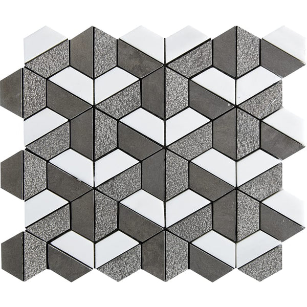 Gray Foussana, Bianco Dolomiti Textured 3d Hexagon Limestone Mosaics 10 3/8x12