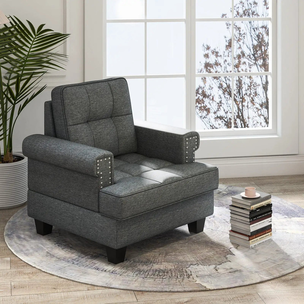 Mid-century Modern Accent Armchair Tufted Linen Club Chair, photo 2 of 16