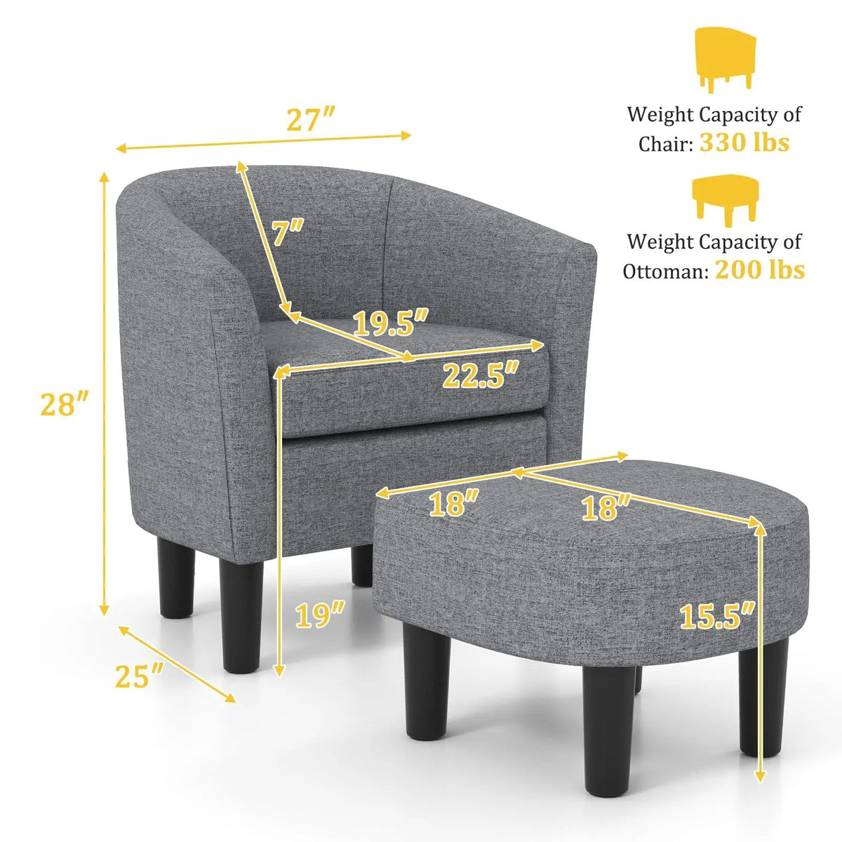 Barrel Club Chair with Ottoman Set Linen Fabric Accent Chair with Footrest, photo 10 of 16