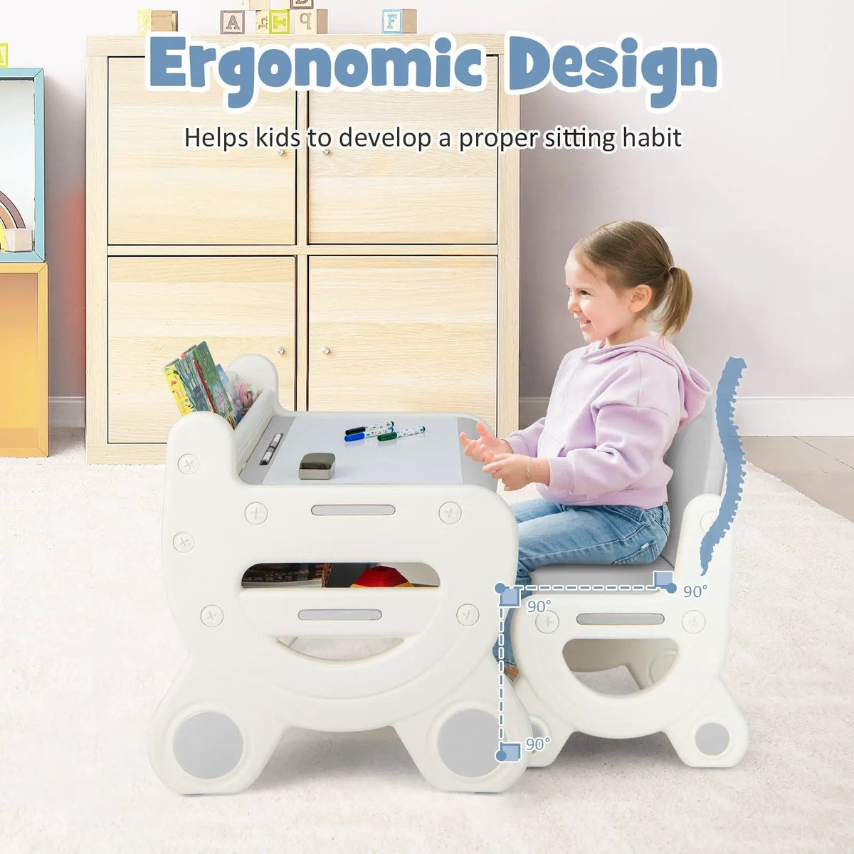 Kids Drawing Table and Chair Set with Watercolor Pens and Blackboard Eraser, photo 13 of 24