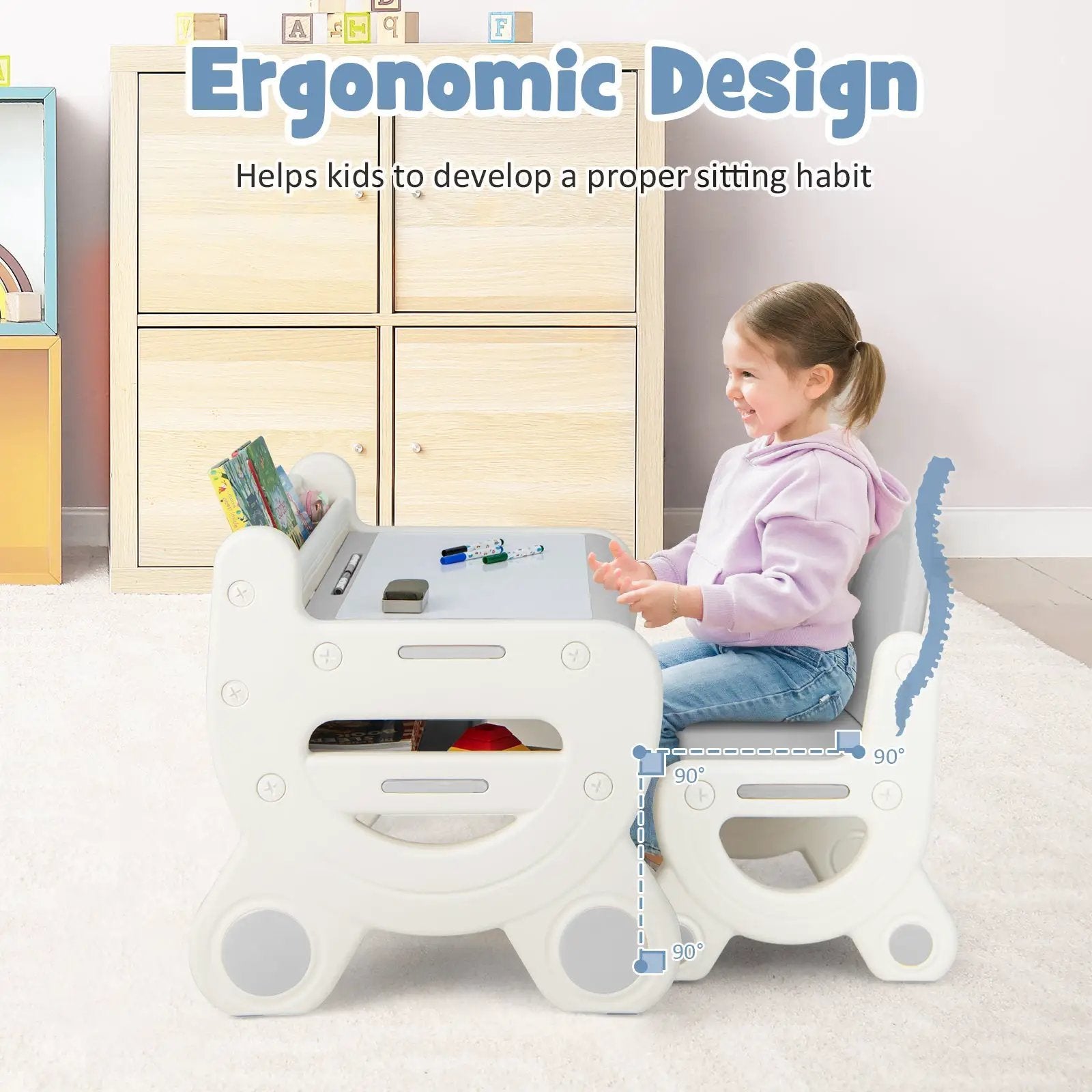 Kids Drawing Table and Chair Set with Watercolor Pens and Blackboard Eraser by DirectDeals