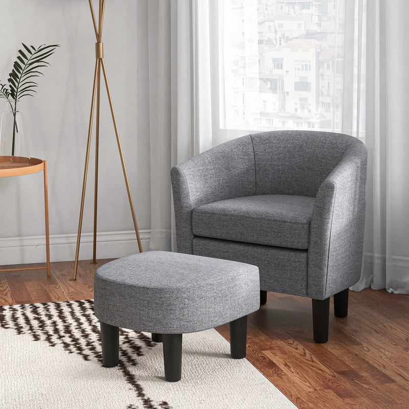 Barrel Club Chair with Ottoman Set Linen Fabric Accent Chair with Footrest by DirectDeals